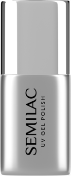 Srebrny lakier hybrydowy Semilac, butelka z metalicznym połyskiem, napisy SEMILAC i UV GEL POLISH, widok z przodu.