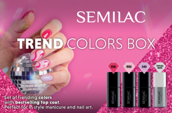 Zestaw Semilac TREND COLORS BOX: 3 lakiery hybrydowe (róż, beż, lila) i top, na tle z ręką i kulą disco.