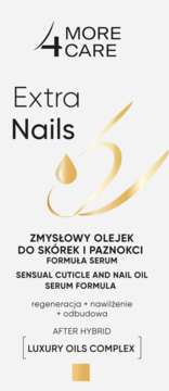 More4Care Extra Nails, zmysłowy olejek-serum do skórek i paznokci w białym opakowaniu ze złotą kroplą.