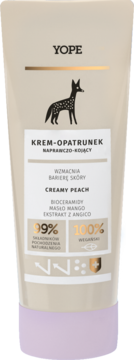YOPE Krem-Opatrunek Creamy Peach, beżowa tubka z lisem, naprawczo-kojący krem do rąk, widok z przodu.