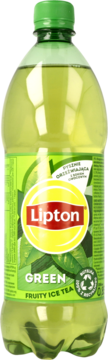 Lipton Green Fruity Ice Tea w przezroczystej butelce z zielonym napojem, zielona etykieta z limonkami, widok z przodu.