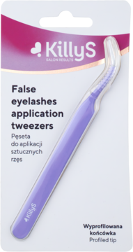KillyS fioletowa pęseta do aplikacji sztucznych rzęs z wyprofilowaną końcówką, widok z przodu.