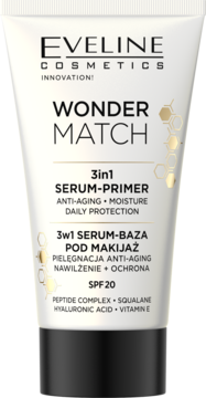 Eveline Wonder Match 3w1 Serum-Baza SPF 20, biała tubka z czarnym korkiem, widok z przodu.