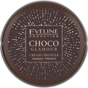 Kremowy bronzer Eveline Choco Glamour w okrągłym, ciemnym kompakcie z rozświetlającymi punktami w tle.