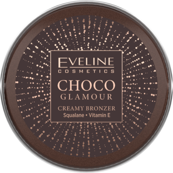 Eveline Choco Glamour kremowy bronzer, okrągłe brązowe opakowanie z napisem Squalane + Vitamin E, widok z góry.