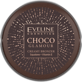 Eveline Choco Glamour kremowy bronzer, okrągłe brązowe opakowanie z napisem Squalane + Vitamin E, widok z góry.