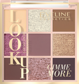 Eveline Cosmetics paleta cieni Look Up, 9 odcieni złota, bordo, brązu. Widok z góry, mat i shimmer.