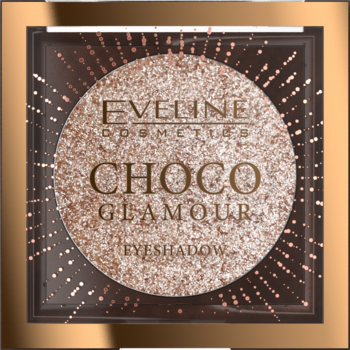 Eveline Choco Glamour Cień do powiek, intensywnie błyszczący złoty, w eleganckim brązowo-złotym opakowaniu.