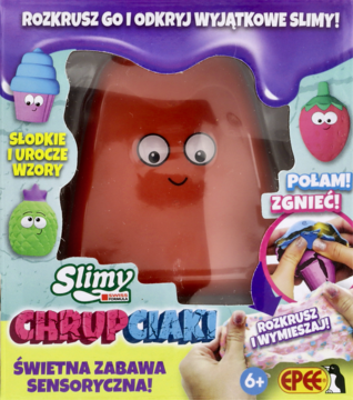 Czerwony, chrupiący slime Chrupciaki w przezroczystym opakowaniu, z uśmiechniętą buzią, widok z przodu.
