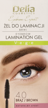 Opakowanie Delia Cosmetics żelu do laminacji brwi 4.0 brąz, z aplikatorem i okiem modelki.