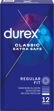 Granatowe pudełko Durex Classic Extra Safe, 12 sztuk, regular fit, wzmocnione, widok z przodu.