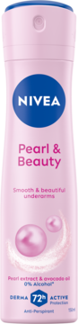 Różowy antyperspirant NIVEA Pearl & Beauty w sprayu, widok z przodu, z perłowymi detalami, 72h ochrony.