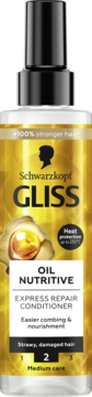 Złota butelka Schwarzkopf Gliss Oil Nutritive Express Repair Conditioner z czarnym atomizerem, widok z przodu.