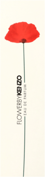 Ilustracja Kenzo Flower by Kenzo: czerwony mak z łodygą i pionowym napisem na beżowym tle.