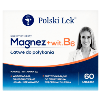 Polski Lek Magnez + wit. B6, 60 tabletek, biało-niebieskie opakowanie, z uśmiechniętą kobietą po prawej, widok z przodu.