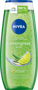 NIVEA Lemongrass & Oil shower gel, green bottle with lime slice, water splash, 100% climate neutralized, front view.