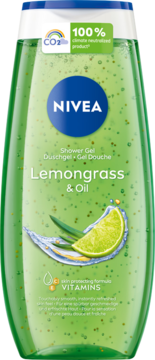 NIVEA Lemongrass & Oil shower gel, green bottle with lime slice, water splash, 100% climate neutralized, front view.