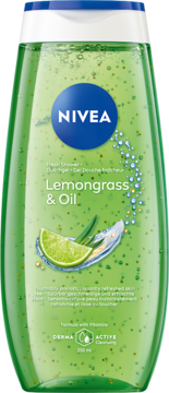 Zielony żel pod prysznic NIVEA Lemongrass & Oil, butelka 250ml z kulkami olejku, z przodu plaster limonki.