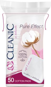 Biało-różowe opakowanie płatków kosmetycznych Cleanic Pure Effect, 50 sztuk, 100% bawełny, z ilustracją bawełny.