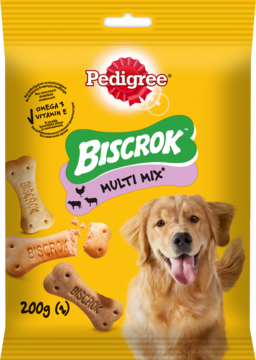 Karma uzupełniająca Pedigree Biscrok Multi Mix dla psów, żółta torebka z kośćmi i psem golden retriever.