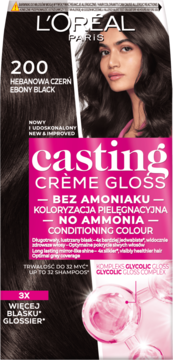 L'Oréal Casting Crème Gloss 200 Ebony Black, farba bez amoniaku, dla 3x więcej blasku. Widok z przodu pudełka.