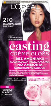 L'Oréal Casting Crème Gloss 210 Blue Black, farba do włosów bez amoniaku, z przodu kobieta z lśniącymi włosami.