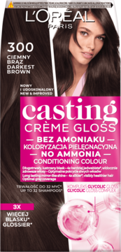 L'Oréal Casting Crème Gloss 300 Darkest Brown no ammonia hair color box, woman with dark hair, front view.