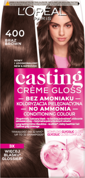 L'Oréal Casting Crème Gloss 400 Braz Brown, farba do włosów bez amoniaku z kwasem glikolowym, widok z przodu.