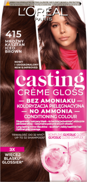 L'Oréal Casting Crème Gloss 415 Iced Brown, farba bez amoniaku. Front opakowania z kobietą o lśniących włosach.