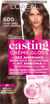 Opakowanie L'Oréal Casting Crème Gloss 500 Light Brown, farba do włosów bez amoniaku, widok z przodu, kobieta z brązowymi włosami.