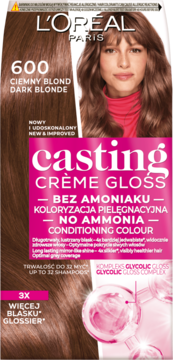 Pudełko L'Oréal Casting Crème Gloss 600 Ciemny Blond. Koloryzacja pielęgnacyjna bez amoniaku. Modelka, Glycolic Gloss. Widok z przodu.