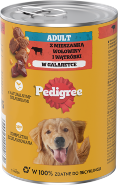 Mokra karma PEDIGREE® Adult wołowina i wątróbka w galaretce, żółta puszka z psem, widok z przodu pod kątem.