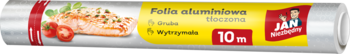 Folia aluminiowa JAN Niezbędny, 10m. Rolka w srebrnym opakowaniu z żółtą etykietą i łososiem, widok horyzontalny.