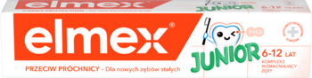 Opakowanie pasty elmex Junior 6-12 lat na próchnicę, biało-pomarańczowe z zielonym napisem Junior i rysunkiem zęba.