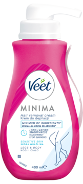 Różowy krem do depilacji Veet Minima 400 ml dla skóry wrażliwej, butelka z pompką, widok z przodu.