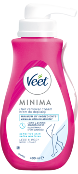 Różowy krem do depilacji Veet Minima 400 ml dla skóry wrażliwej, butelka z pompką, widok z przodu.