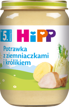 Słoik HiPP Potrawka z ziemniaczkami i królikiem, pełnowartościowy posiłek dla niemowląt od 5 miesiąca, widok z przodu, bezglutenowy.