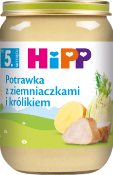 Słoik HiPP Potrawka z ziemniaczkami i królikiem, pełnowartościowy posiłek dla niemowląt od 5 miesiąca, widok z przodu, bezglutenowy.