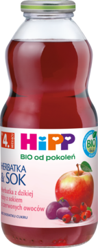 HiPP BIO herbatka z dzikiej róży i sokiem owocowym dla dzieci po 4. miesiącu, w szklanej butelce, widok z przodu.