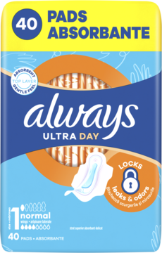 Always Ultra Day Normal 40 podpasek, niebiesko-żółte opakowanie z napisem 'LOCKS leaks & odors', widok z przodu.
