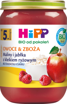 Słoiczek HiPP BIO Maliny i jabłka z kleikiem ryżowym, po 5. miesiącu, bez cukru. Czerwono-różowy, widok z przodu.