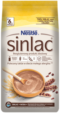 Nestlé Sinlac: bezglutenowy produkt zbożowy, żółto-brązowa torebka z miską owsianki, widok z przodu.