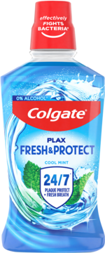 Butelka bezalkoholowego płynu Colgate Plax Fresh & Protect Cool Mint. Widok z przodu, napis 24/7 ochrona, świeży oddech.