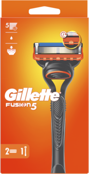 Maszynka do golenia Gillette Fusion5 z 5 ostrzami, w jasnym pomarańczowym opakowaniu. Widok z przodu.