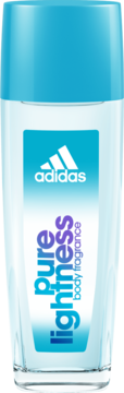 Dezodorant Adidas Pure Lightness Body Fragrance w przezroczystej butelce z niebieską nakrętką, widok z przodu.