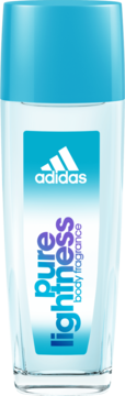 Dezodorant Adidas Pure Lightness Body Fragrance w przezroczystej butelce z niebieską nakrętką, widok z przodu.