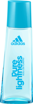 Woda toaletowa Adidas Pure Lightness w smukłej, przezroczystej butelce z błękitną nakrętką, widok z przodu.