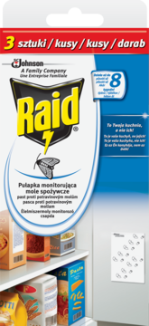 Opakowanie Raid Pułapka monitorująca mole spożywcze, 3 sztuki, biało-niebieskie, na kuchennej półce.