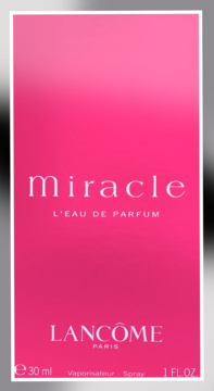 Lancome Miracle L'Eau de Parfum 30ml, różowe pudełko perfum z białym napisem, widok z przodu.