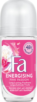 Różowy antyperspirant Fa Pink Passion roll-on z białymi różami, 48h ochrona, widok z przodu.